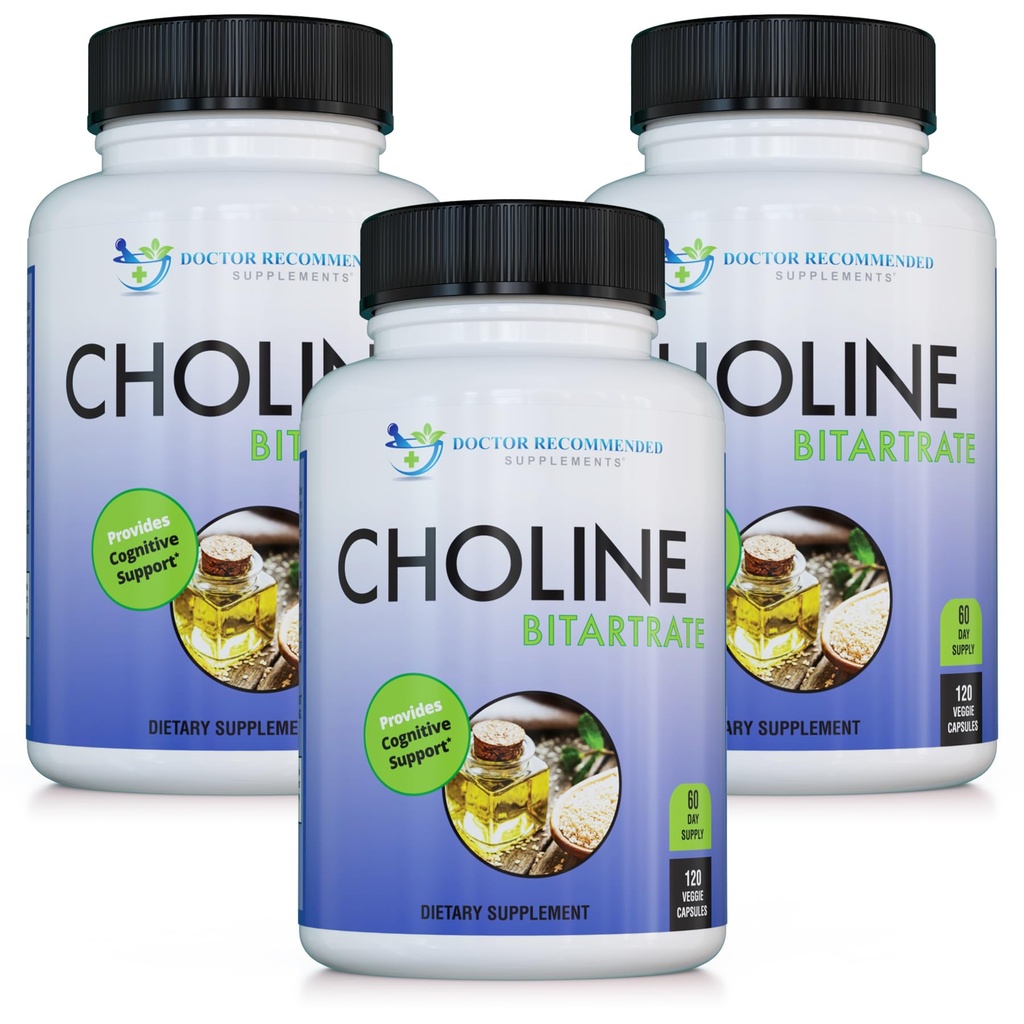 DOCTOR ANBEFALEDE TILLÆG Premium Cholin - 500 mg - 120 Veggie Kapsler understøtter kognitiv sundhed, hukommelse & mere - 3 Pack