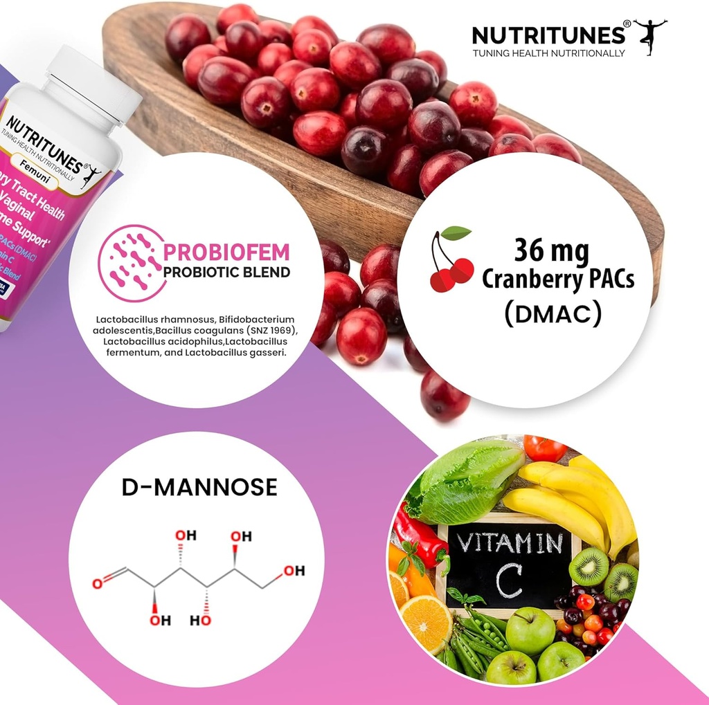 Tranebær PAC 'er med D Mannose Kosttilskud til kvinder, C-vitamin og kvinder Vaginal Probiotiske herunder Lactobacillus og Bifidobacterium stammer for Urinary Tract Sundhed - 60 Femuni UTH kapsler
