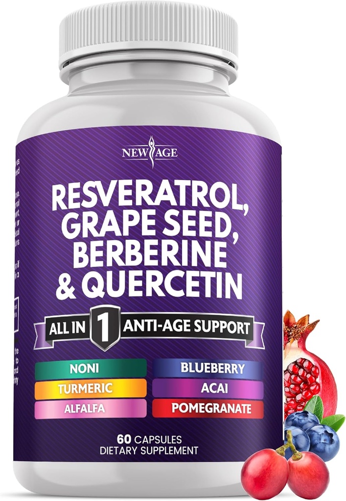 NEW AGE Resveratrol, Berberine, Grape Seed Extract, Quercetin - Polyphenol supplement til kvinder og mænd med Noni Extract, N-Acetyl Cysteine, Acai Extract - 60 kapsler