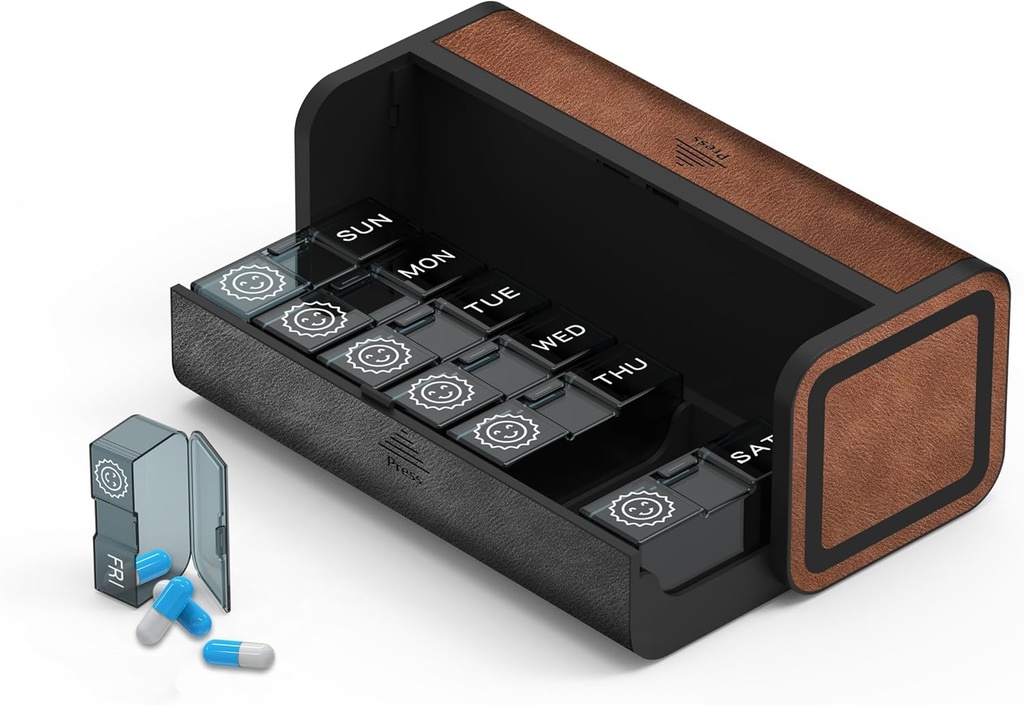 Ugentlig Pill Organizer 2 gange om dagen, Stor rejse Pill Box 7 dag, To gange dagligt PM Pill Case, Aftagelig Pocket Apotek, Pill Container Holder for Vitamin, Medicin (sort og brun)
