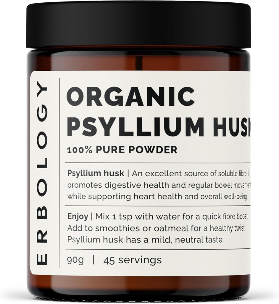 Erbologic Organic Psyllium Husk Powder 3.2 oz - 45 Serveringer - fremmer fordøjelsessygdomme og regelmæssige tarmbevægelser - bæredygtigt souced straight fra gården i Indien - Lille Batch - Vegan - GMO- Free