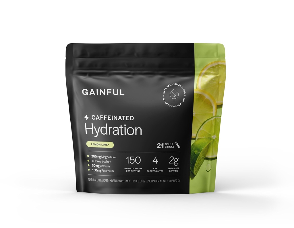 Gainful Hydration + koffein Pakninger med Key Electrolytes Magnesium & Natrium + L Theanin, Lavt sukker drik mix, Lemon Lime, 21 sticks