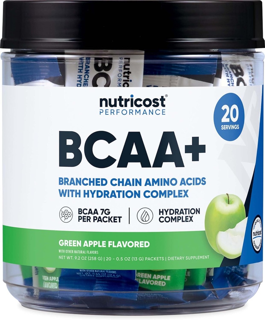 Nutricost BCAA + Hydration Green Apple Flavored (20 Stickpacks) - Forgrenet kæde Aminosyrer med Hydration Complex - Gluten- Free, Non- GMO
