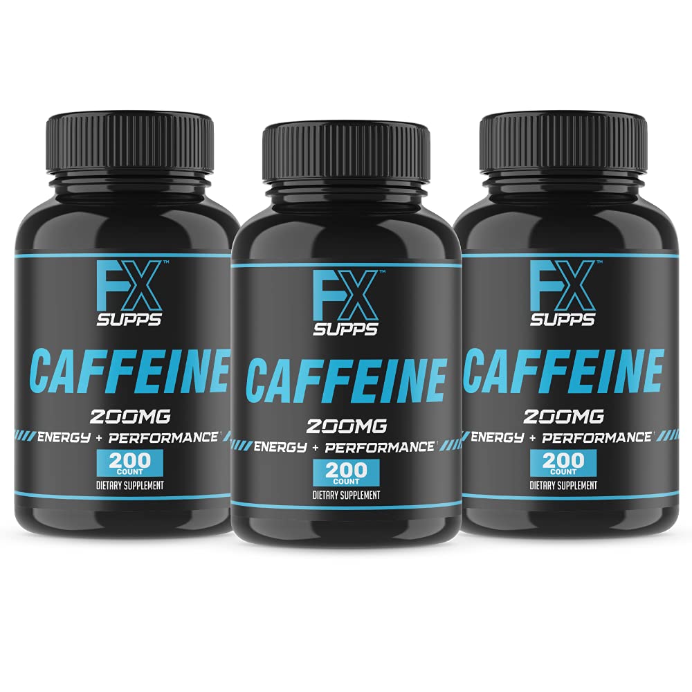 FXSUPPS Koffein 200 mg piller (3- Pack, 600 kapsler) - Fast- Actioning Energy Support Supplement for mænd og kvinder; Understøtter fokus, Alerness & Metabolic Funktion naturligt