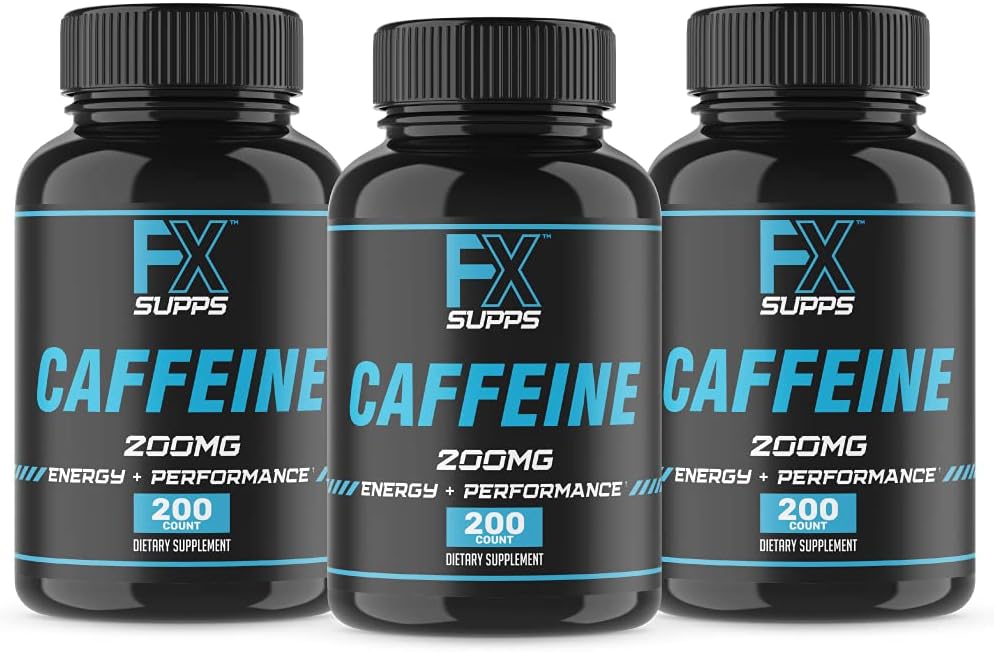 FXSUPPS Koffein 200 mg piller (3- Pack, 600 kapsler) - Fast- Actioning Energy Support Supplement for mænd og kvinder; Understøtter fokus, Alerness & Metabolic Funktion naturligt