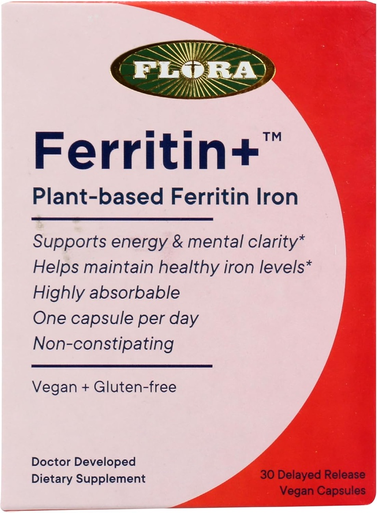 Ferritin + Kosttilskud, Plantebaseret Ferritin Jern, Ikke GMO, Gluten Free, 30 Veggie Kapsler (pakning med 1)