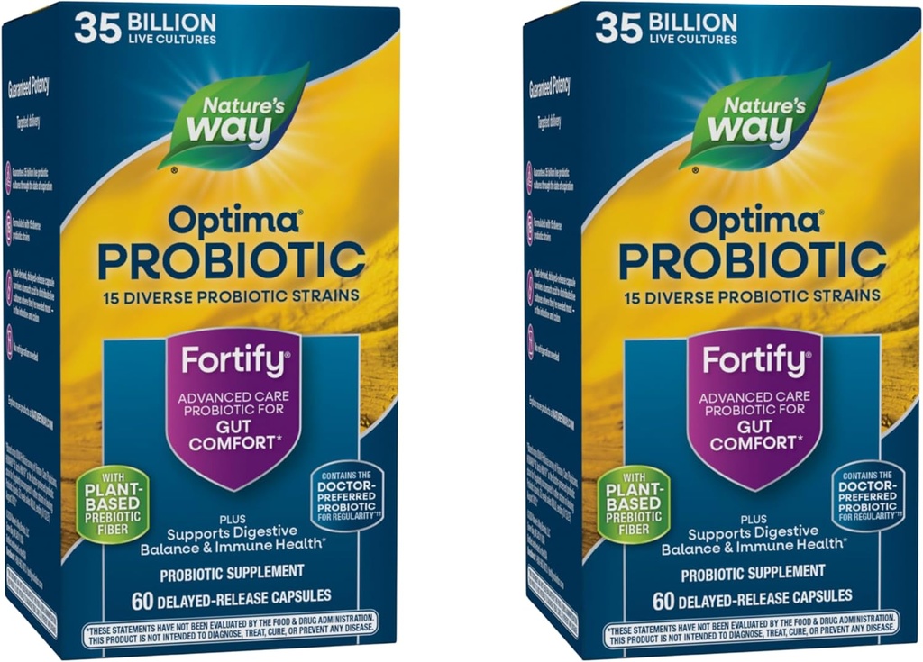 Nature 's Way Fortify Optima Probiotisk for voksne, 35 Millioner kulturer, 15 Stammer, Understøtter fordøjelsesbalance og immunforsvar *, Ingen køling påkrævet, 60 kapsler (Packaging May Vary) - 2 Pack