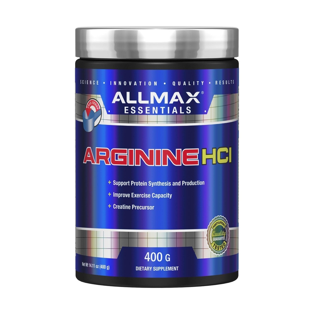 ALLMAX Essentials ARGININE HCL - 400 g - Prækursor til syntese af nitrogenoxid - Vegan & Gluten Free - 200 Servere