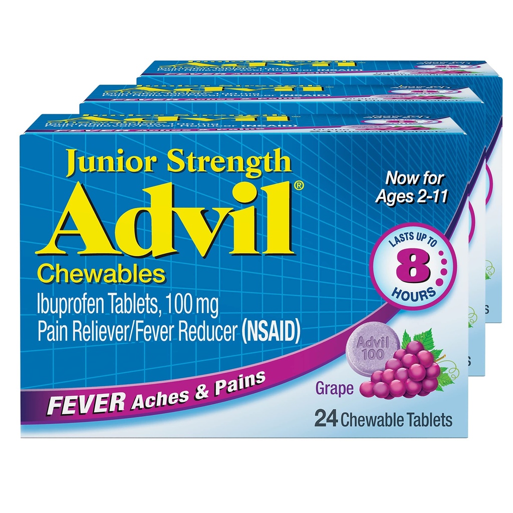 Advil Junior Strength Chewable Ibuprofen Pain Reliever og Feber Reducer, Børns Ibuprofen for Pain Relief, Grape - 24 tabletter (pakke med 3)