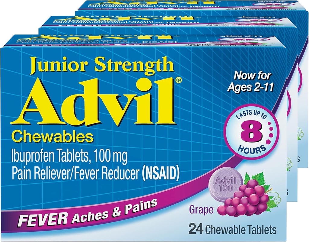 Advil Junior Strength Chewable Ibuprofen Pain Reliever og Feber Reducer, Børns Ibuprofen for Pain Relief, Grape - 24 tabletter (pakke med 3)