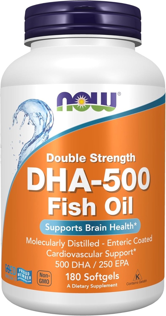 Now Foods Kosttilskud, DHA- 500 med 250 EPA, Molekylært Destilleret, Understøtter Brain Health *, 180 Softgels