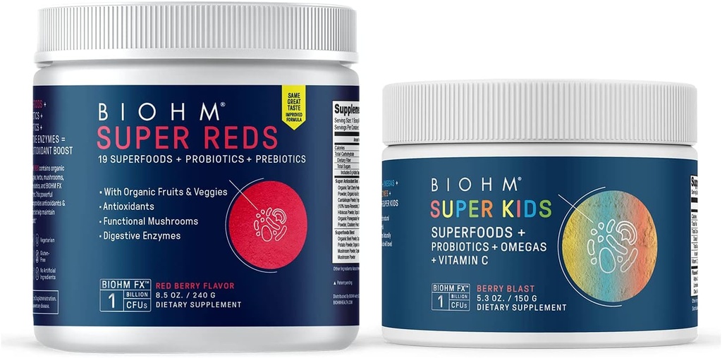 BIOHM Super Red Superfood Powder, Tart Cherry & Super Kids Superfood Powder + Probiotika, Beneficial Antioxidants & Omega-3 - Gluten Free, GMO Free, Dairy Free, Ingen kunstige ingredienser