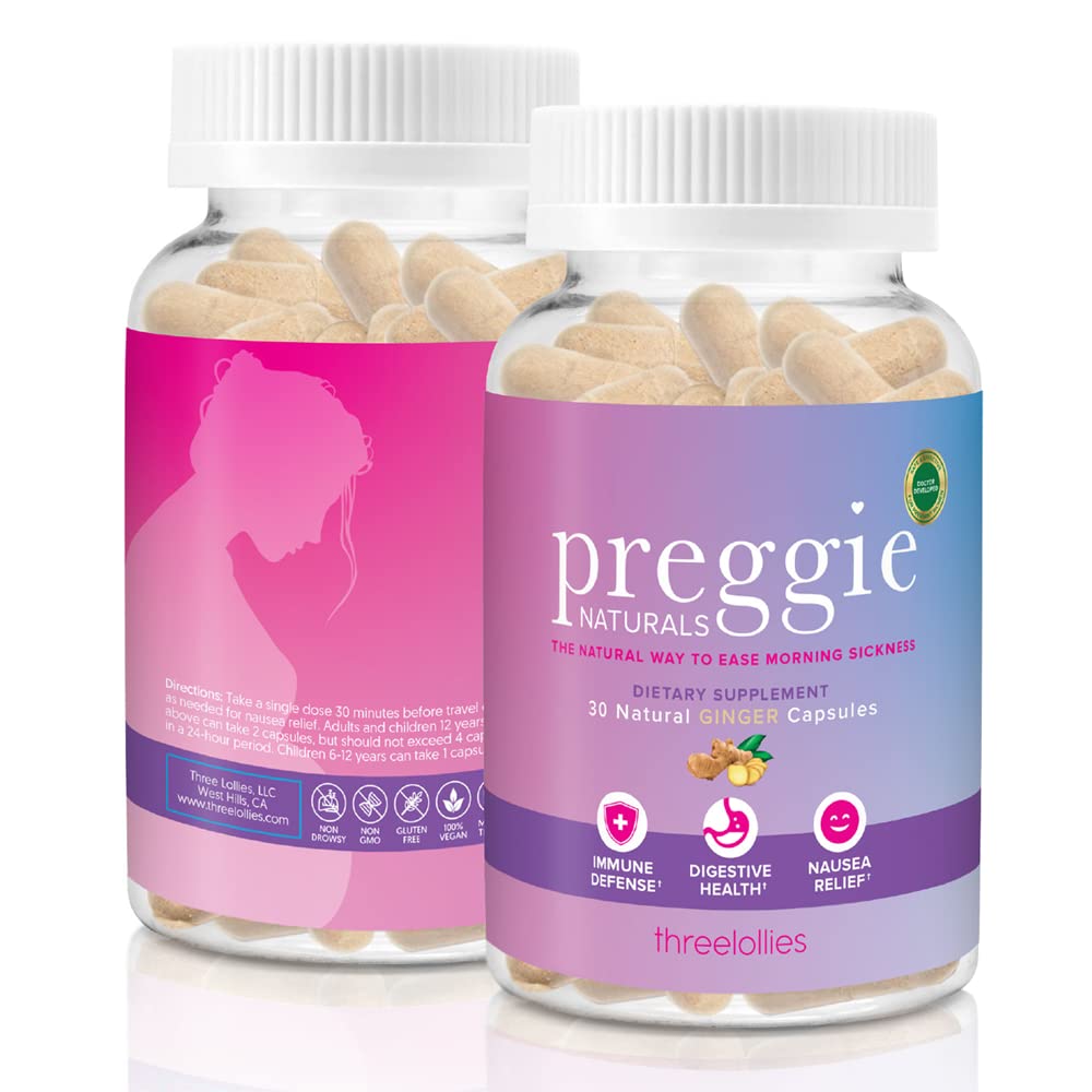 Preggie Three Lollies Naturals Ingefær Kapsler - Morning Sygdom Relief - Natural & Doctor Developed - 15 Servere (2 Kapsler / Servering) - Understøtter immunforsvar og fordøjelsessygdomme