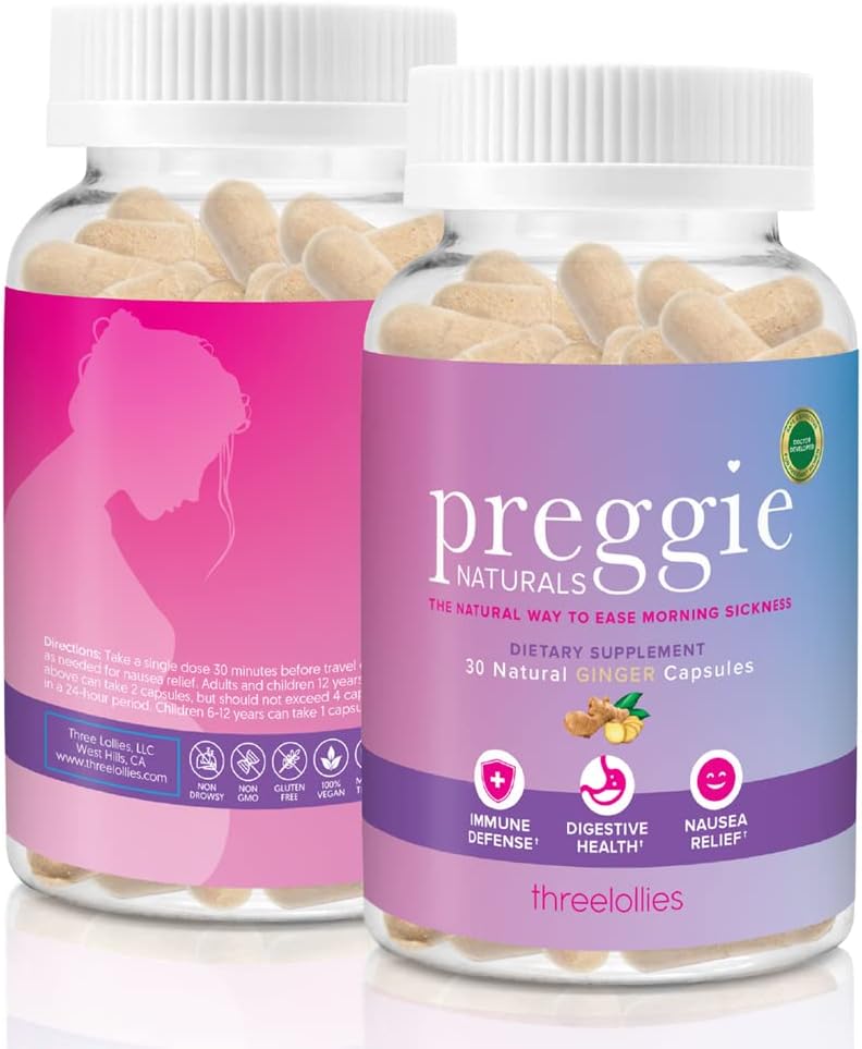 Preggie Three Lollies Naturals Ingefær Kapsler - Morning Sygdom Relief - Natural & Doctor Developed - 15 Servere (2 Kapsler / Servering) - Understøtter immunforsvar og fordøjelsessygdomme