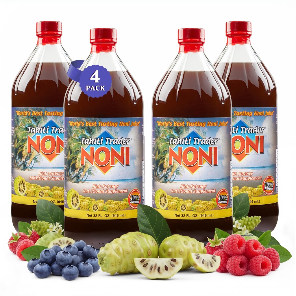 TAHITI TRADER (4-PK) Original High Potency Noni Juice - Pure Noni Fruit Juice med blåbær & Hindbær - Organic Antioxidant Superfood Supporting Energy & Body Health - (32oz, 4 Pack)