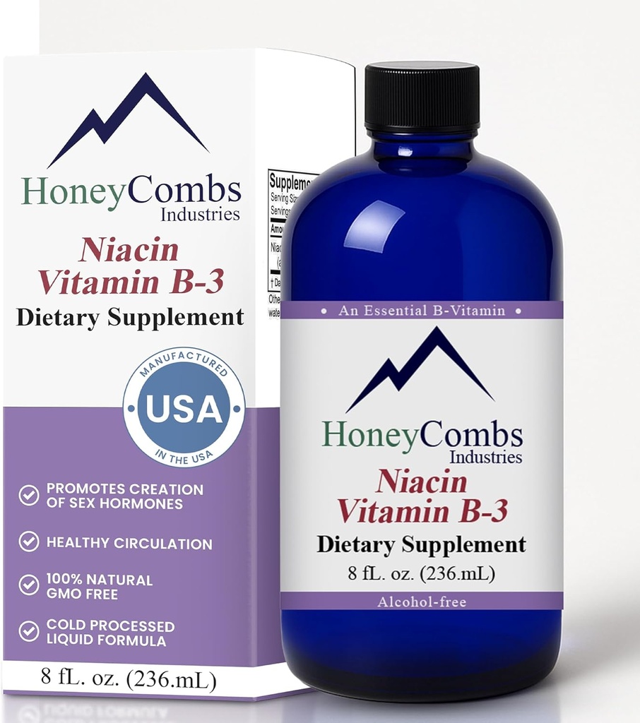 HoneyCombs Vitamin B3 Niacin Supplement Liquid Drops - High Potency Vitamin B3 Liquid Drops til mænd og kvinder - vedligeholde fordøjelsessystemet, hud, tunge, energi og mere - Vegan Niacin Drop (8 Fl oz)