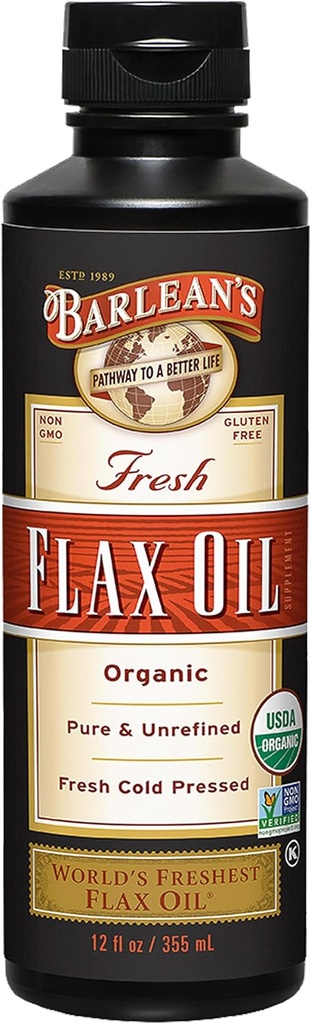 Barlean 's Organic Flaxseed Oil Liquid, Cold Press Hør Frø, 7,640mg ALA Omega 3 Fedtsyretilskud til sundt hår, hud og øjne, Vegan & Gluten Free, 12 oz