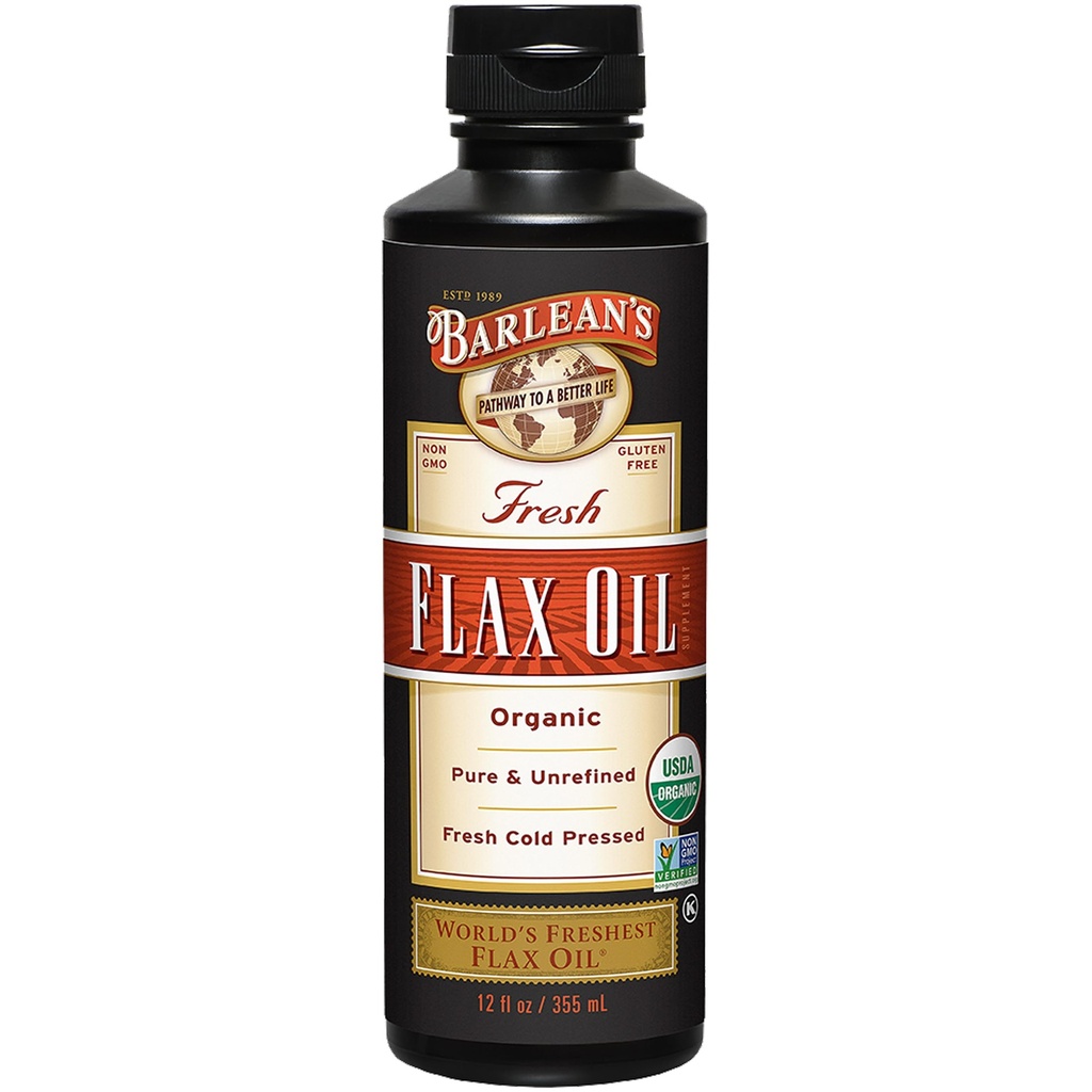 Barlean 's Organic Flaxseed Oil Liquid, Cold Press Hør Frø, 7,640mg ALA Omega 3 Fedtsyretilskud til sundt hår, hud og øjne, Vegan & Gluten Free, 12 oz