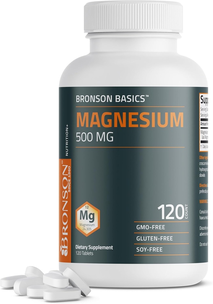 Bronson Magnesium 500 MG understøtter ben- & muskel- sundhed & nervesystem - ikke- GMO, 120 vegetariske tabletter