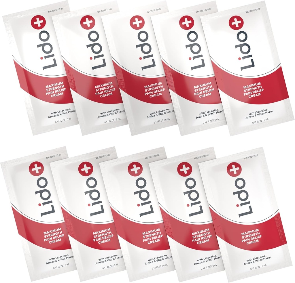 Lido + 10- Pack Lidocain Cream Sachets - 124; Hurtig lindring for fælles og muskelsmerter, smertelindring - 124; Langvarig formel, Made in USA