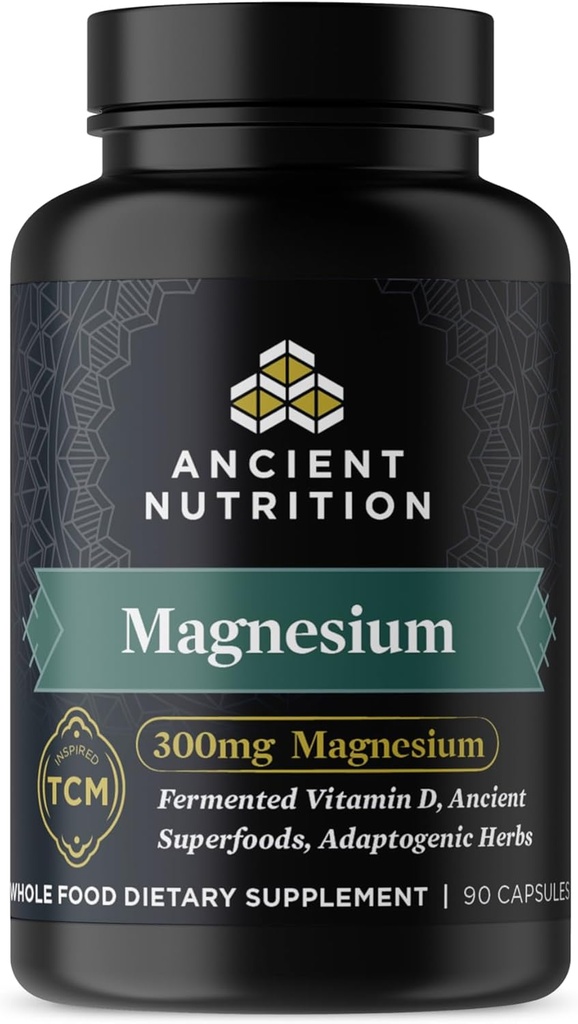 Magnesium supplement af antikke ernæring, Magnesium 300mg med D-vitamin til immunstøtte, Adaptogene urter, Enzyme aktiveret, Paleo & Keto Friendly, 90 kapsler