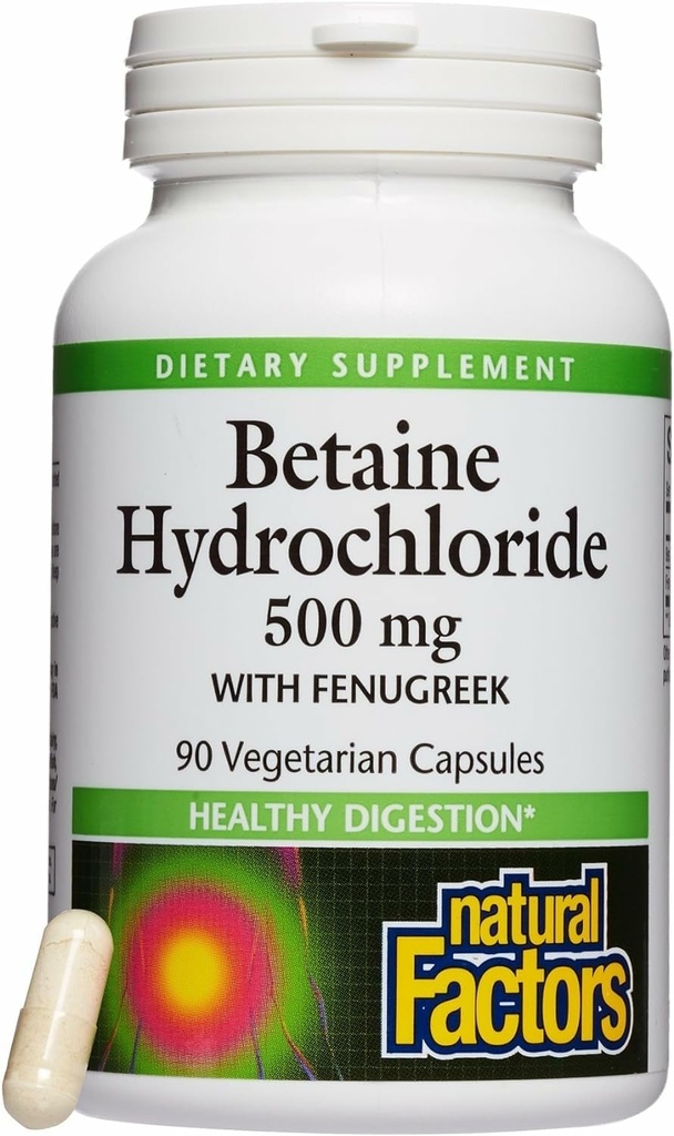 Naturlige faktorer, Betaine HCL 500 mg, understøtter sund fordøjelse og et sundt mikrobiom, 90 kapsler (90 portioner)