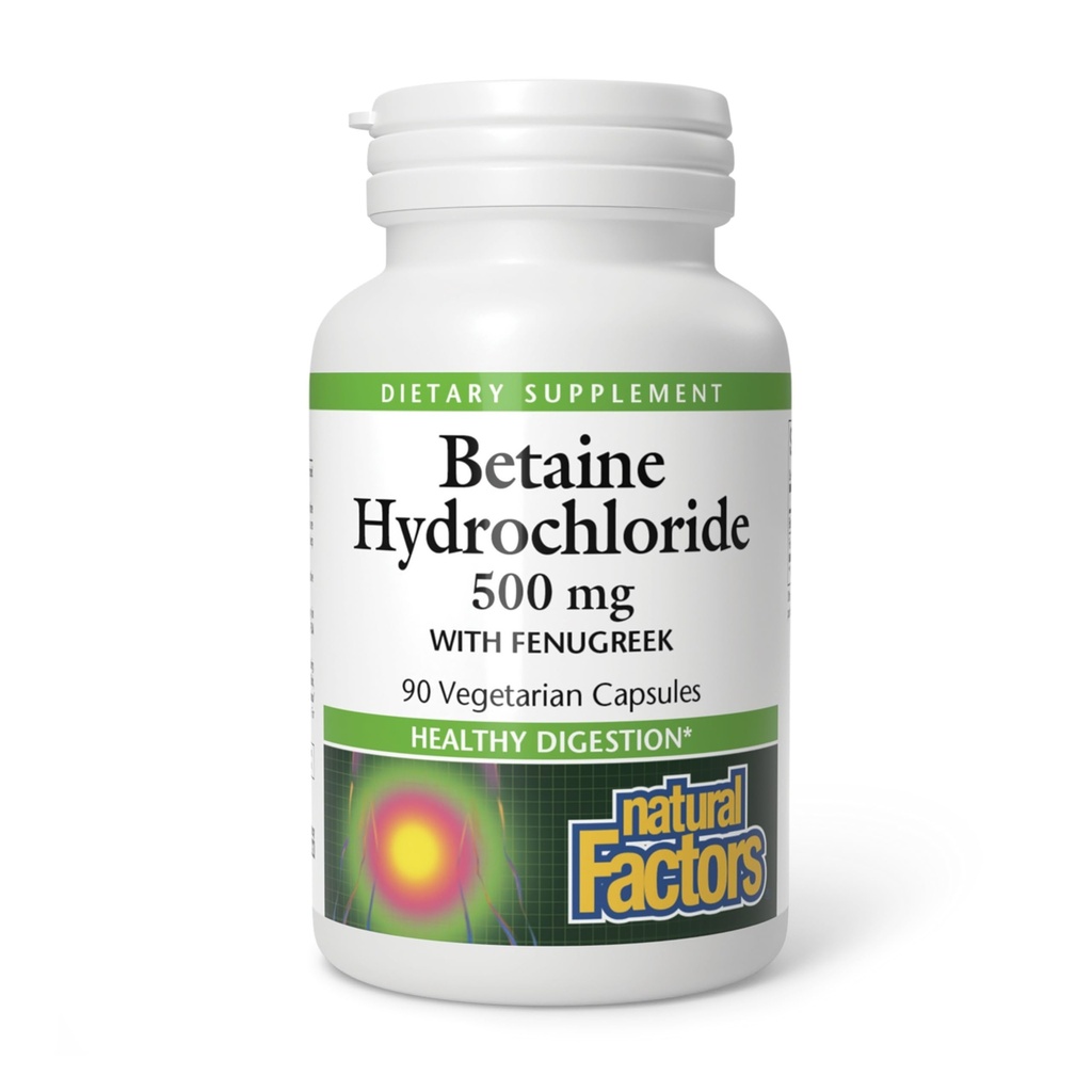 Naturlige faktorer, Betaine HCL 500 mg, understøtter sund fordøjelse og et sundt mikrobiom, 90 kapsler (90 portioner)