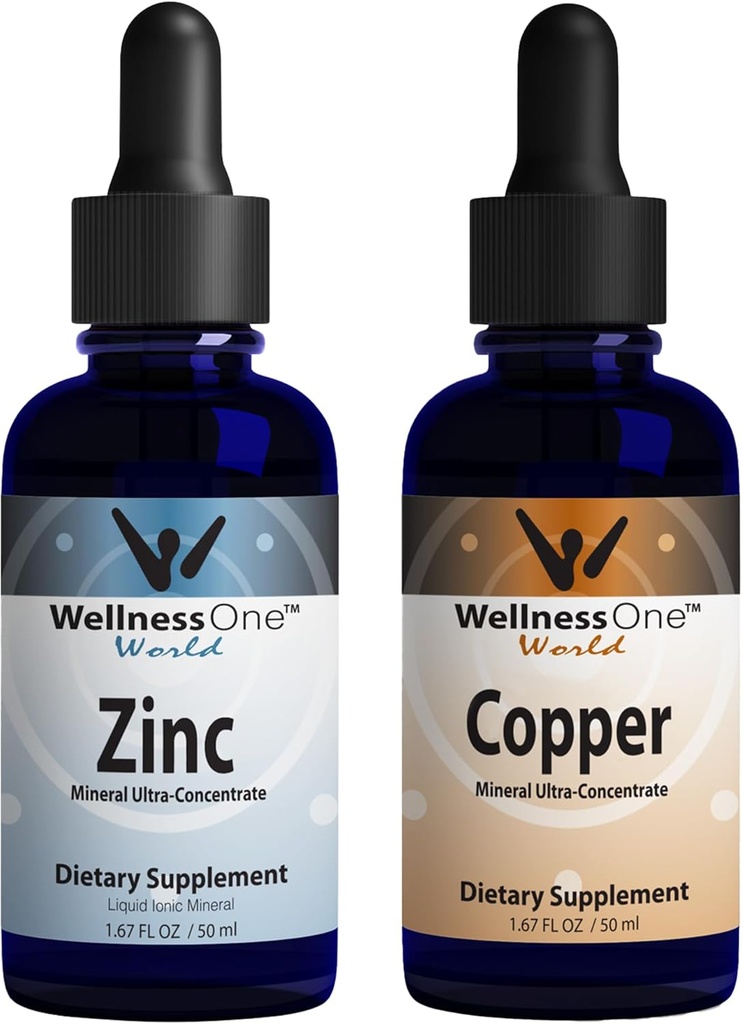 WellnessOne Ionic Liquid Zink & Liquid Copper - Zink- Kobber Bundle til støtte immunsystem & fælles, Nerve & Knoglesundhed - 1.67 fl oz Zink & Kobber Liquid Drops