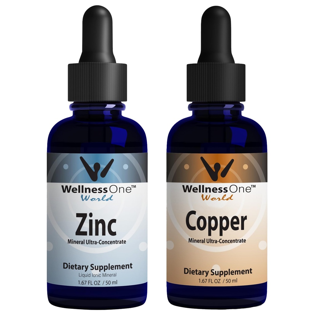 WellnessOne Ionic Liquid Zink & Liquid Copper - Zink- Kobber Bundle til støtte immunsystem & fælles, Nerve & Knoglesundhed - 1.67 fl oz Zink & Kobber Liquid Drops