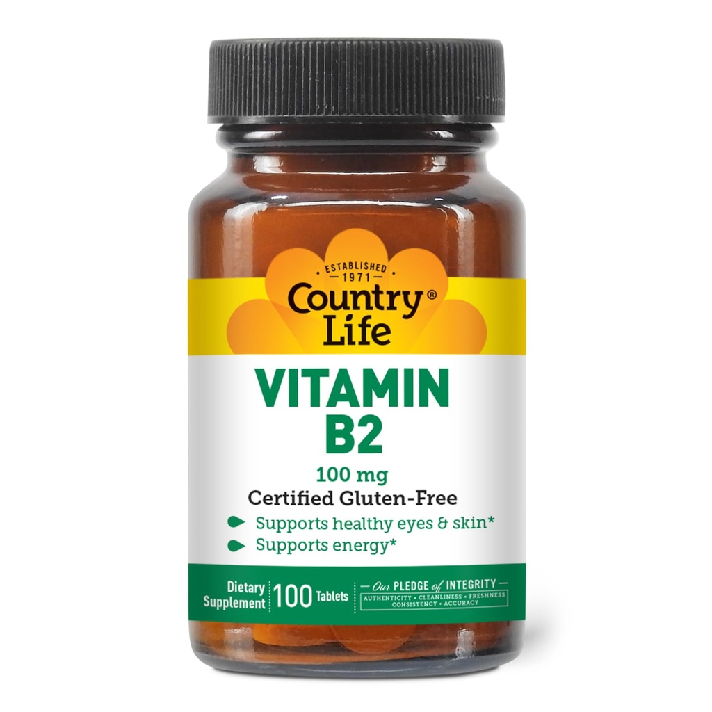 Country Life Vitamin B2 100mg Riboflavin Supplement - øger energi produktion & støtter Cell Funktion, Gluten- Free, Vegan, Kosher, Halal - ingen konserveringsmidler, GMO eller kunstige flavors, 100 Greve