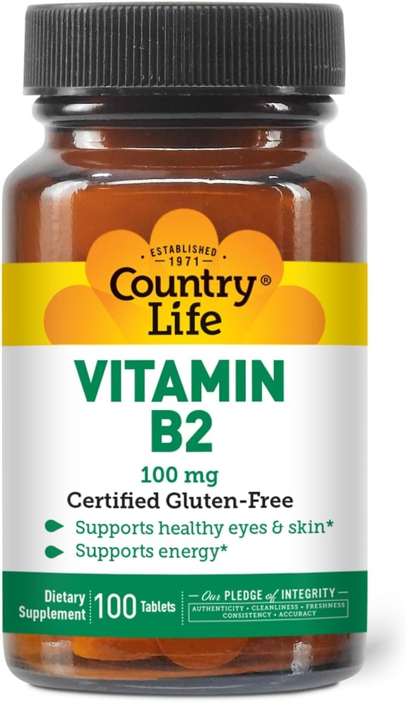 Country Life Vitamin B2 100mg Riboflavin Supplement - øger energi produktion & støtter Cell Funktion, Gluten- Free, Vegan, Kosher, Halal - ingen konserveringsmidler, GMO eller kunstige flavors, 100 Greve