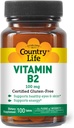 Country Life Vitamin B2 100mg Riboflavin Supplement - øger energi produktion & støtter Cell Funktion, Gluten- Free, Vegan, Kosher, Halal - ingen konserveringsmidler, GMO eller kunstige flavors, 100 Greve
