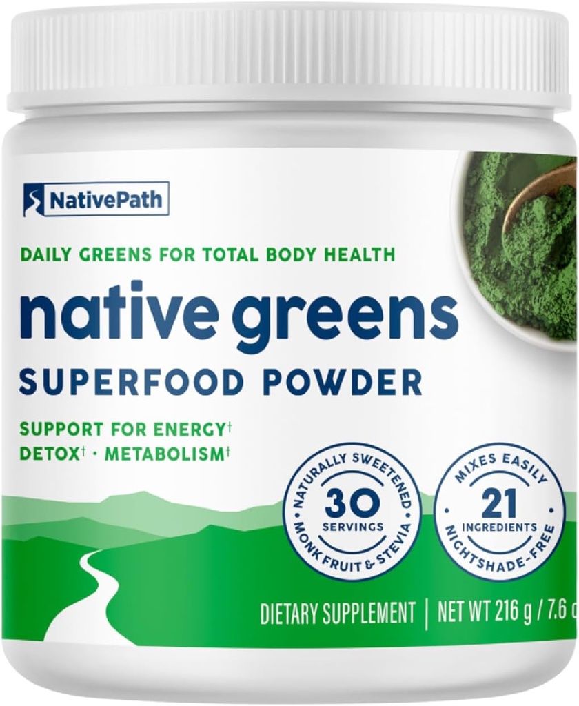 NativePath Native Green Superfood Powder - Organic Green, Spirulina, Beet Root Powder, fordøjelsesfremmende enzymer, Probiotika, Nightshade- Gratis, naturligvis sødet, 30 Servere