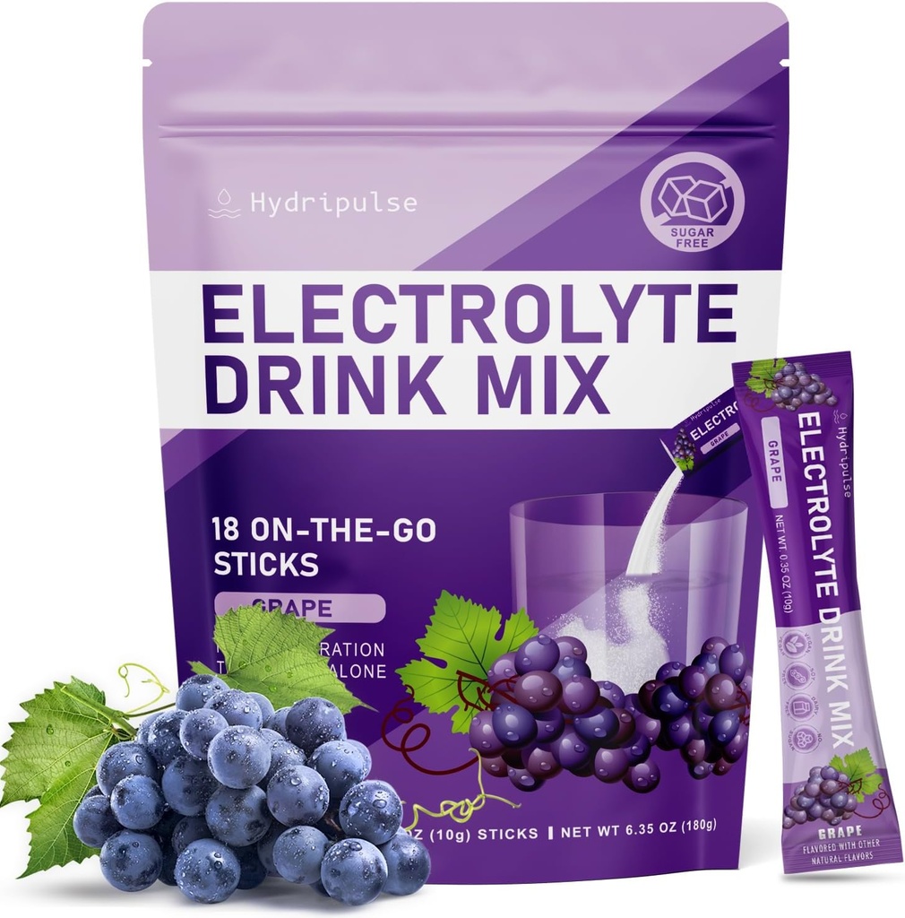 Elektrolyter Powder Packets - Sugar Free, naturligt aromatiseret, 10 Electrolyte & Vitaminer Electrolyte Drikke Mix - Grape Flavors, Keto Friendly, Vegan, Non- GMO, 18 Packets