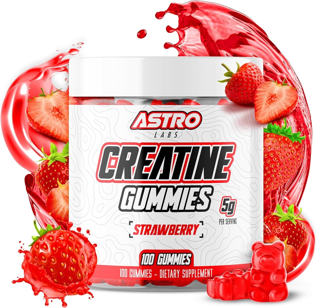 Kreatinegummi til mænd og kvinder - 5g per servering, Forøg styrke, Muskelgain, Inddrivelse, Endurance - Vegan, Gluten- Free, Lavt sukker Creatinegummi - Jordbær (100 Greve)