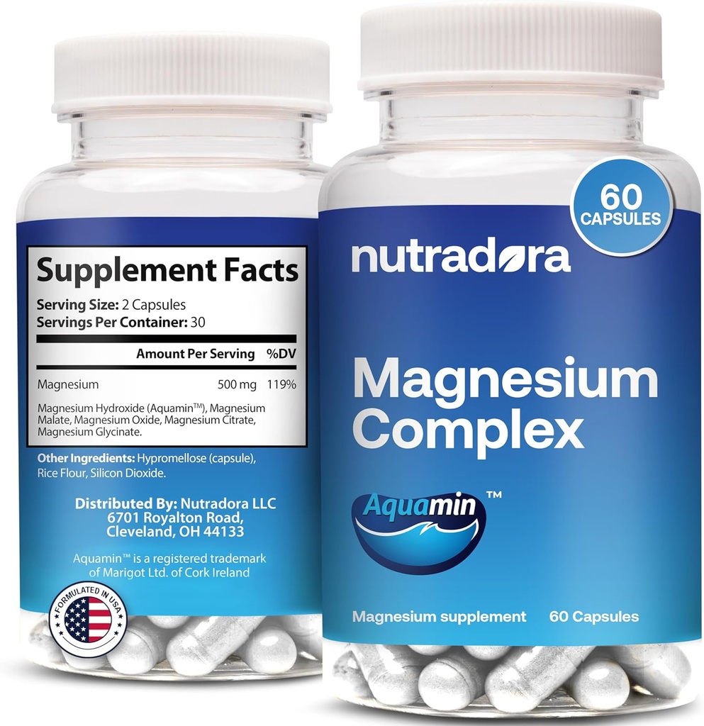 Magnesiumkompleks Supplement 500mg til mænd og kvinder - Magnesiumglycinat & oxid for bedre søvn, muskel, og hjertesundhed, formuleret i USA, 60 kapsler (pakning med 1 pakke)