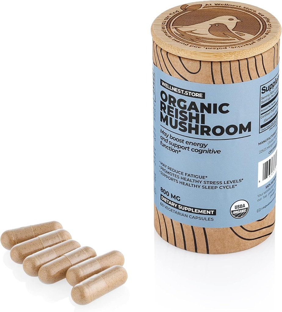 Reishi Organic Mushroom Supplement Kapsler D124; Ganoderma Extract, Immunitet Support D124; øger energi, Fights Træthed & understøtter kognitiv funktion D124; Mushroom Uddrag Kapsler (60)