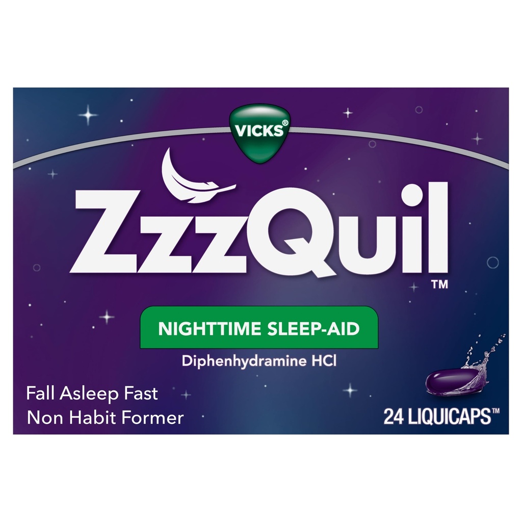 Vicks ZzzQuil, Nighttime Sleep Aid LiquiCaps, 25 mg Diphenhydramin HCl, No. 1 Sleep- Aid Brand, Non- Habit Forming, Fall Assapy Fast, 24 Greve