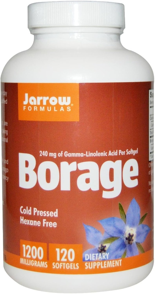 Jarrow Formulas Borage 1200 mg - 120 Softgels - Højeste potens Kilde til GLA - Understøtter hud sundhed & immunfunktion - Støtte til Mild PMS ubehag - Op til 120 Serveringer