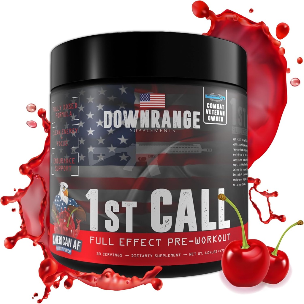 DownRange 1st Call Pre Workout Powder, Fortræning for mænd og kvinder, Amino Acid Beta alanine, Koffein & mere til Pump, Energi og Focus Support, 30 Servere (Cherry Punch)