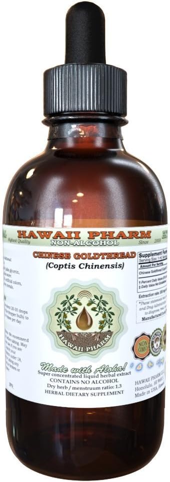 Kinesisk Guldtråd Alkohol- Free Liquid Extract, Kinesisk Guldtråd (Coptis Chinensis) Tørret Root Glycerit Hawaii Pharm Natural Herbal Supplement 2oz