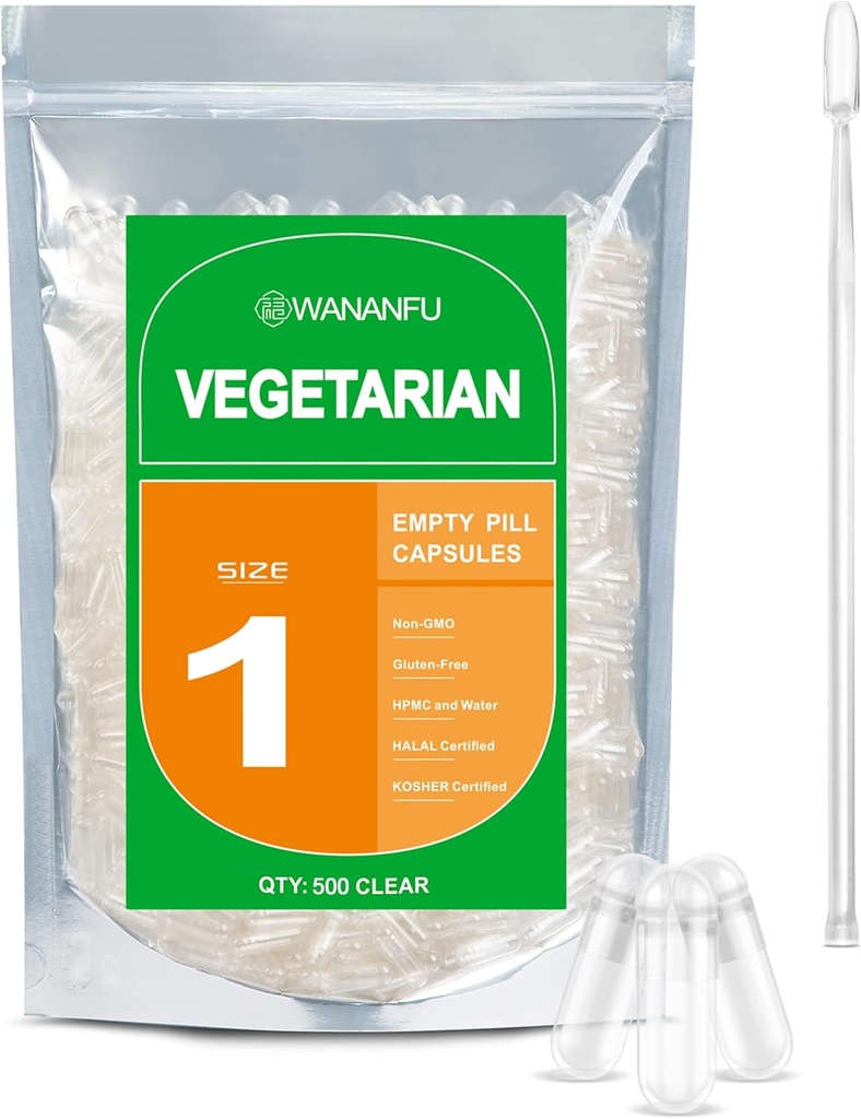 wananfu størrelse 1 Tomme kapsler Vegetarisk (500 Greve) Bundle med Micro Lab Spoon, Clear Filtable Veggie Pill kapsler Størrelse 1 til at lave dine egne kosttilskud