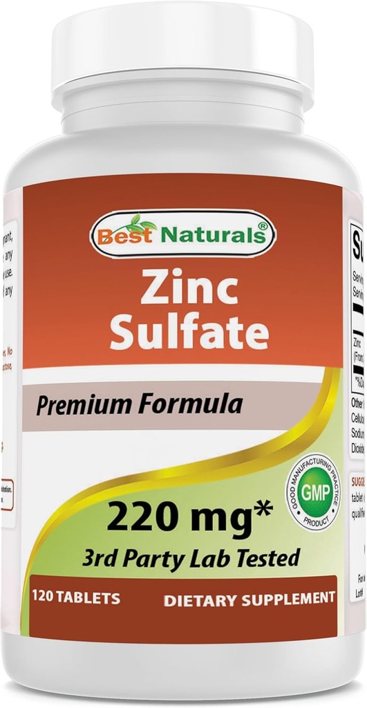Bedste Naturals Zink Sulfate 220 mg 120 tabletter - 3. parti Lab Testet - Lavet i USA - Gluten Free & Non- GMO