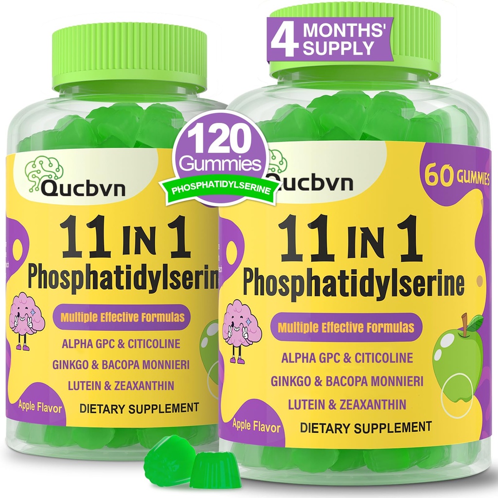 (2 Paks) Phosphatidylserin 600mg Gummies, Brain Supplement for Memory, Focus and Concentration - Phosphatidylserin Memory Supplement med Alpha GPC, B6 & B12 for Brain and Cognitive, 120 Gummies