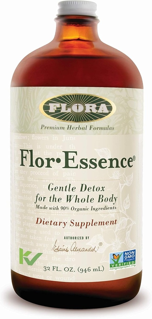 Flora Flor Essence Liquid Tea Blend 32oz LARGE - Detox Rengøring med Burdock Root, Slippery Elm, Kelp, Thistle - Premium Organic Ingredients