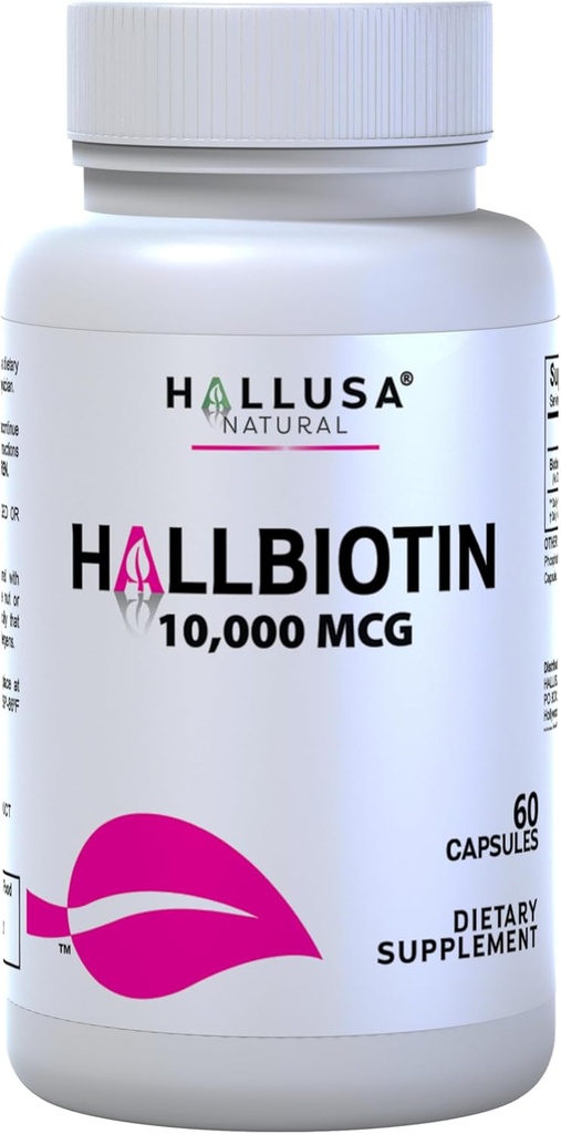 Hallusa Natural Biotin Capsules 10.000 mikrogram sundt hår, hud & negle - Pastillas para la caída del Cabello - Crecimiento del Cabello - Crecimiento de la Barba - Alopecia y calvicie - 60 kapsler