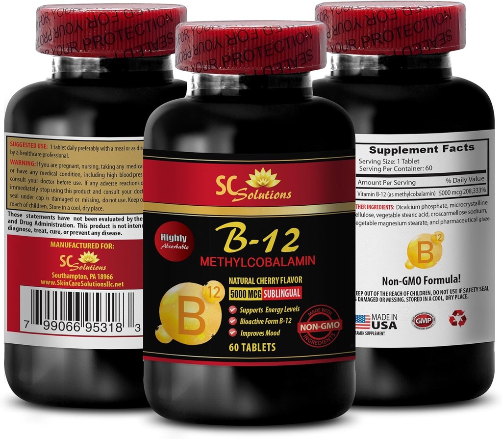 vitamin b12 og magnesium kosttilskud - METHYLCOBALAMIN VITAMIN B- 12 5000 - bedste vitaminer til kvinder over 50 plus energi, bedste vitaminer til mænd over 40, energi booster kapsler - 1 flaske 60 tabletter