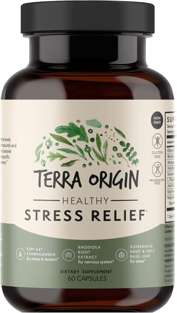 TERRA OPRINCIN Sund Stress Supplement 124; 60 Kapsler Note 124; KSM- 66 Organic Ashwagandha, L- Theanine, Rhodiola Extract, Astragalus Root og Holy Basilikum