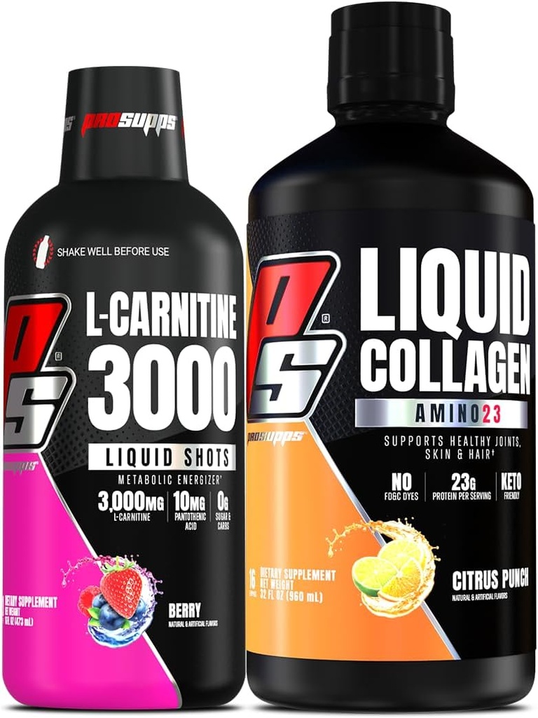 PROSUPPS L- Carnitin 3000 Stimulant Free Liquid Shots (Berry) Amino23 Liquid Collagen Shots (Citrus Punch) Bundle