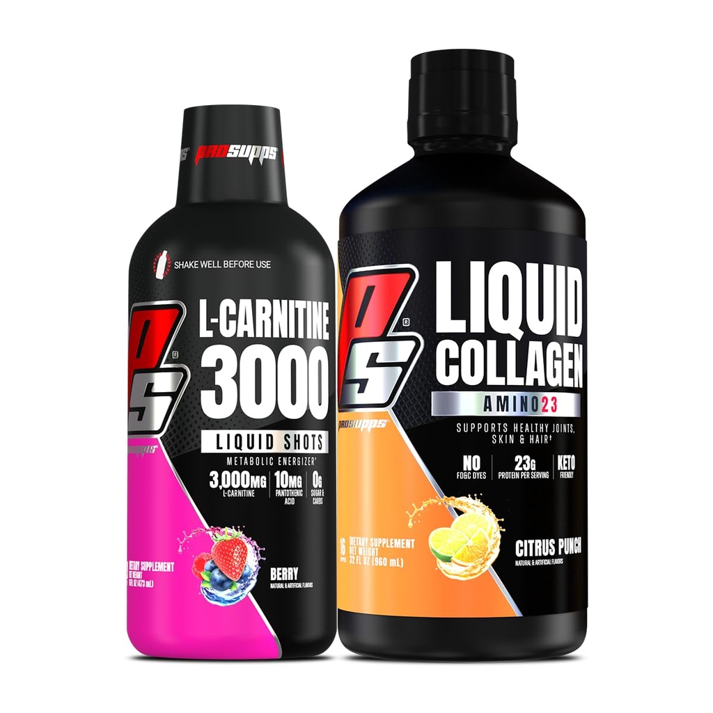 PROSUPPS L- Carnitin 3000 Stimulant Free Liquid Shots (Berry) Amino23 Liquid Collagen Shots (Citrus Punch) Bundle
